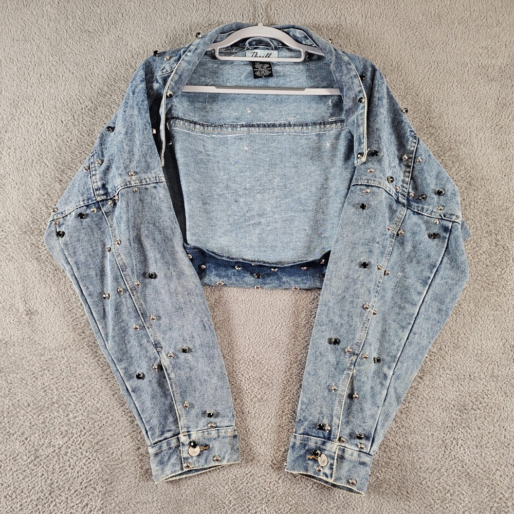 Thrill Womens Studded Rhinestone Cropped Denim Shrug Jacket Light Wash Large